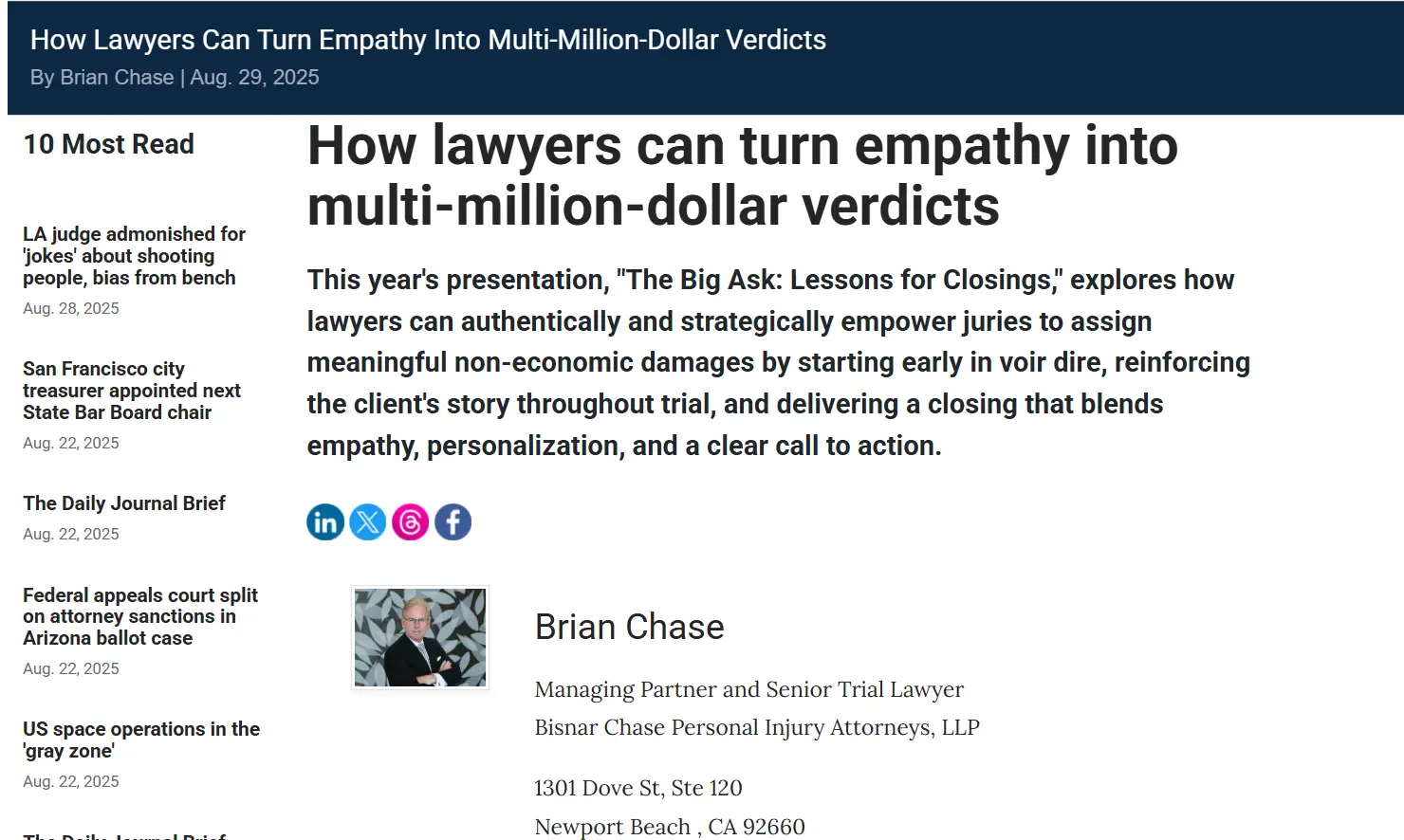 Brian Chase featured in Daily Journal column,