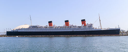 The retired Queen Mary - an ocean liner which launched in the 1930s, and is now a tourist attraction in Long Beach, California.