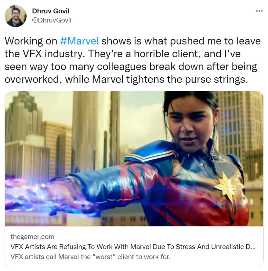A tweet from a CGI artist criticizing Marvel's practices