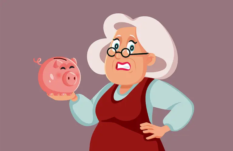 elderly woman holding a piggybank cartoon
