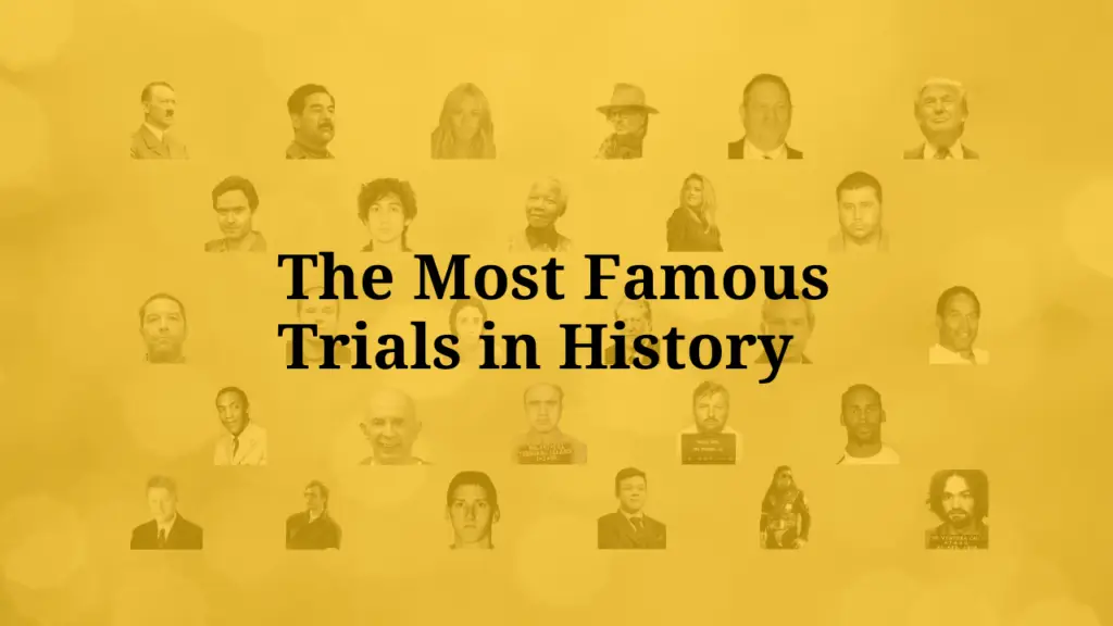 The Most Famous Trials in History title with grid of historical defendants' portraits
