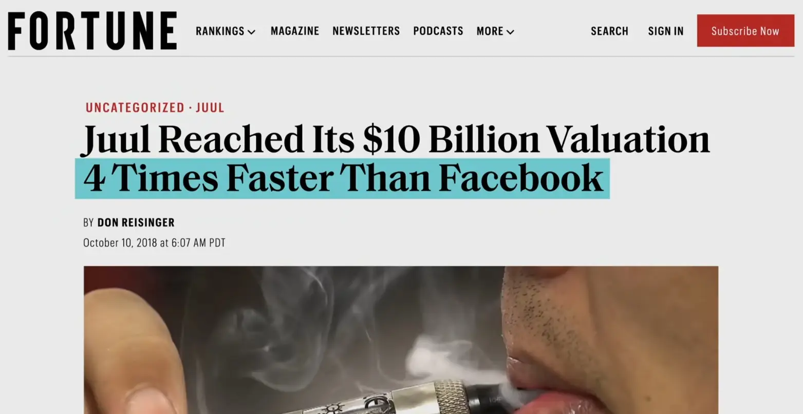 A news article showing the booming success of Juul in Big Vape: The Rise and Fall of Juul