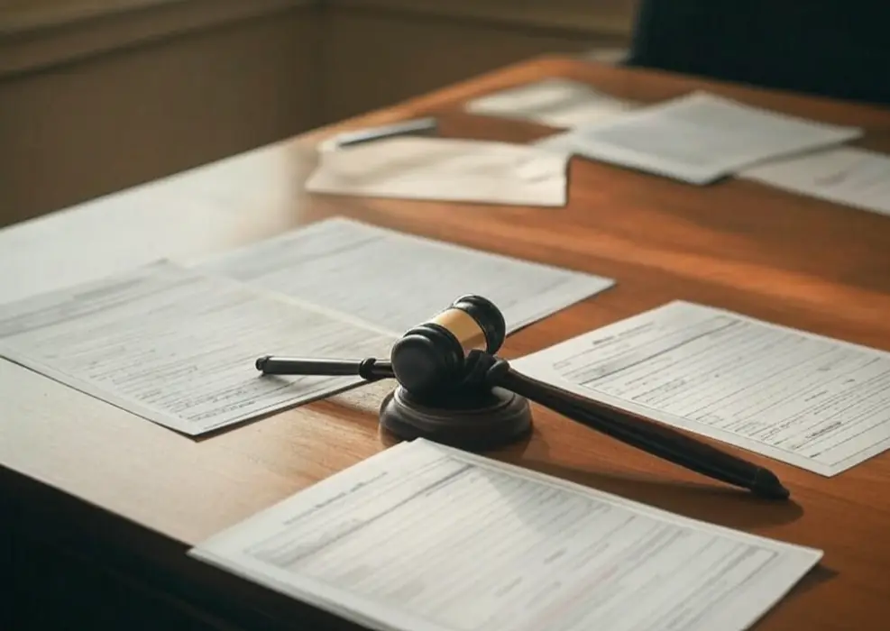 a desk with insurance claims and a gavel