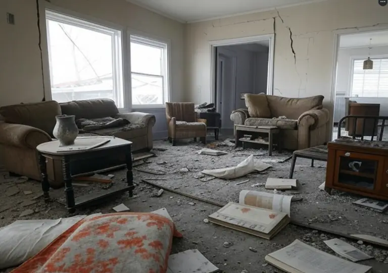 A damaged apartment in a California earthquake