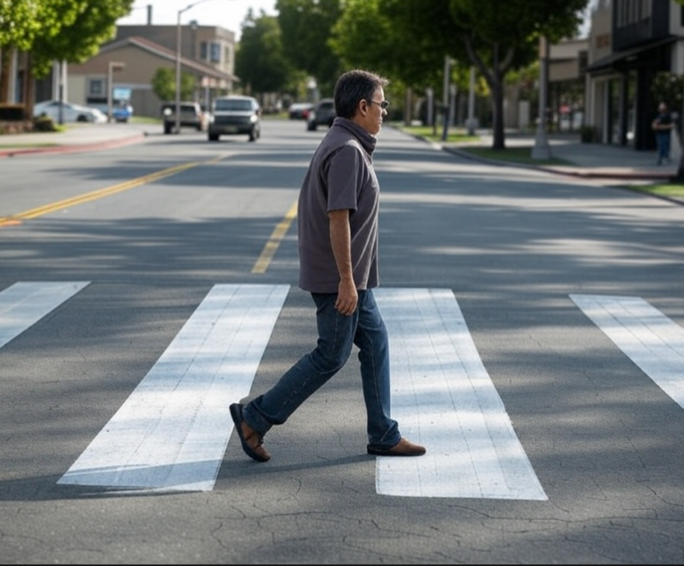 Pedestrian crossing the street in Fullerton