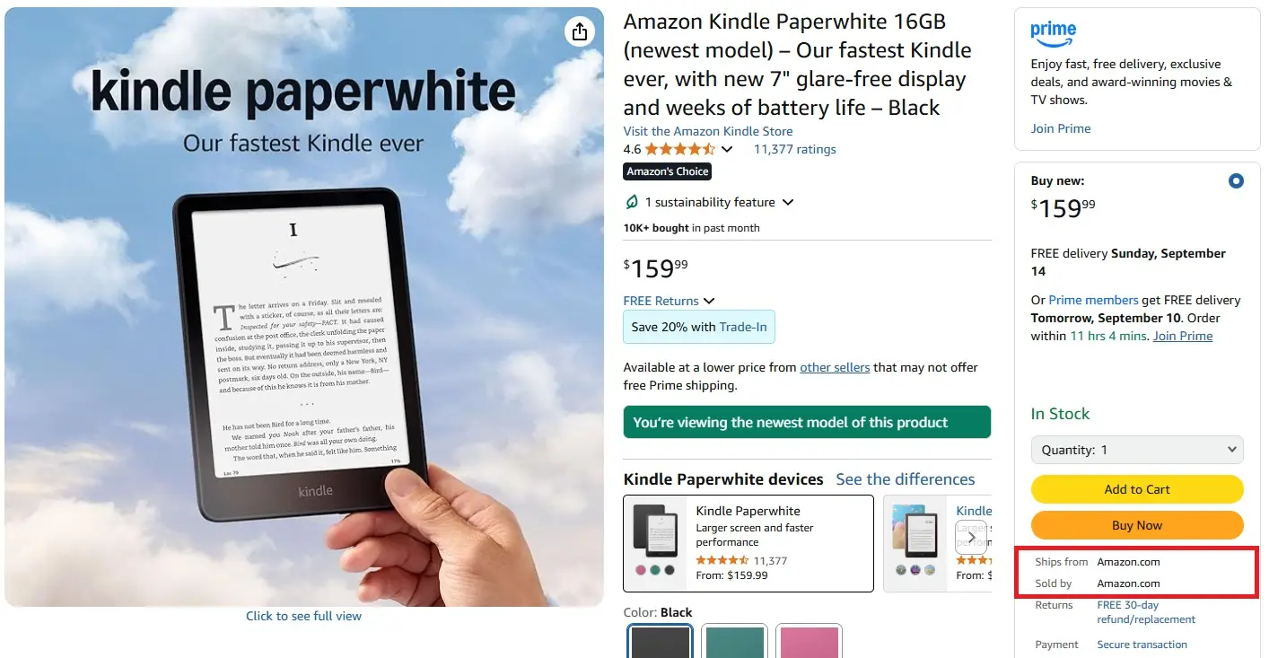 Amazon Kindle product listing