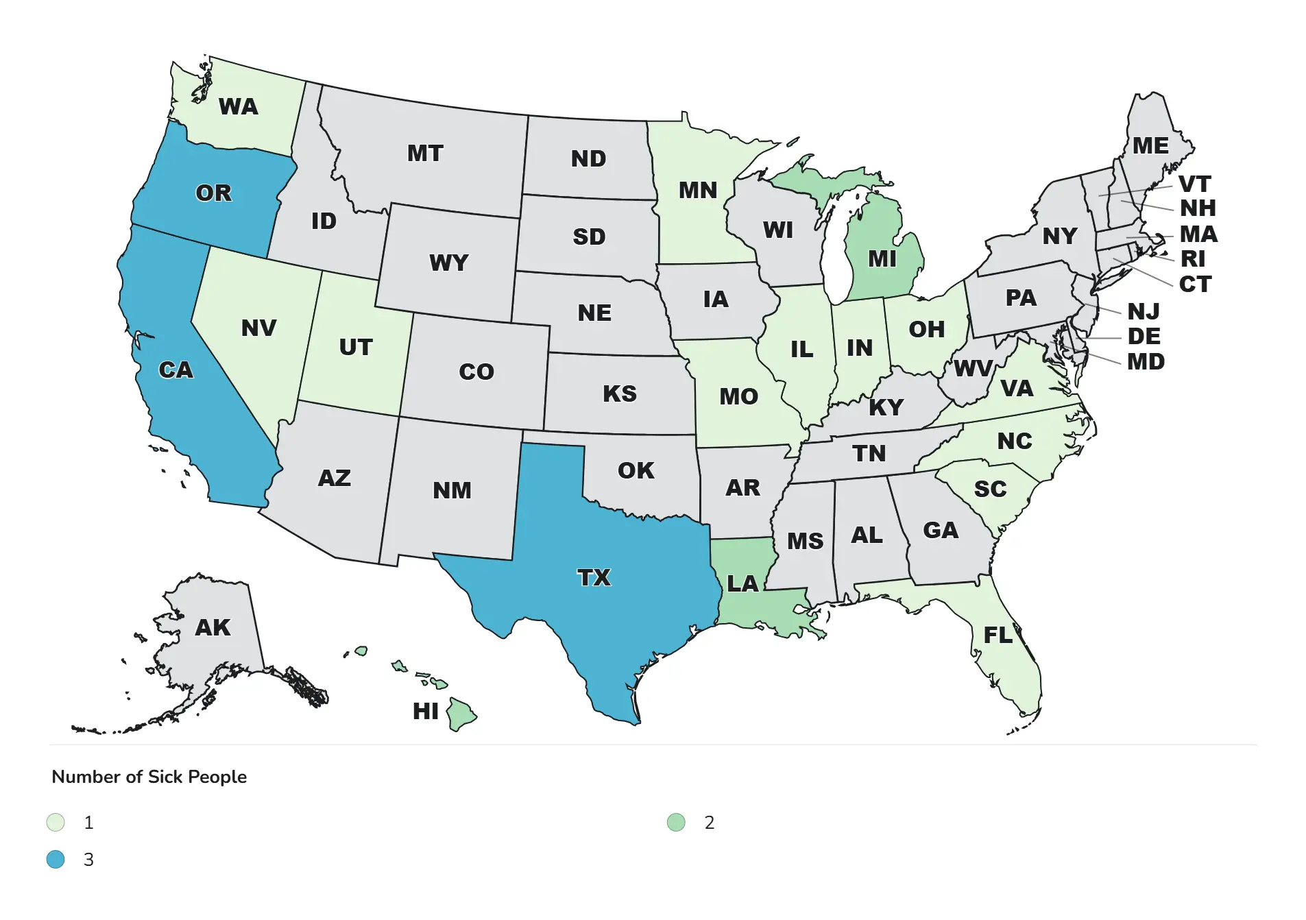 CDC Map of Listeria Sickened People Map of sickened people from Oct nationwide listeria outbreak