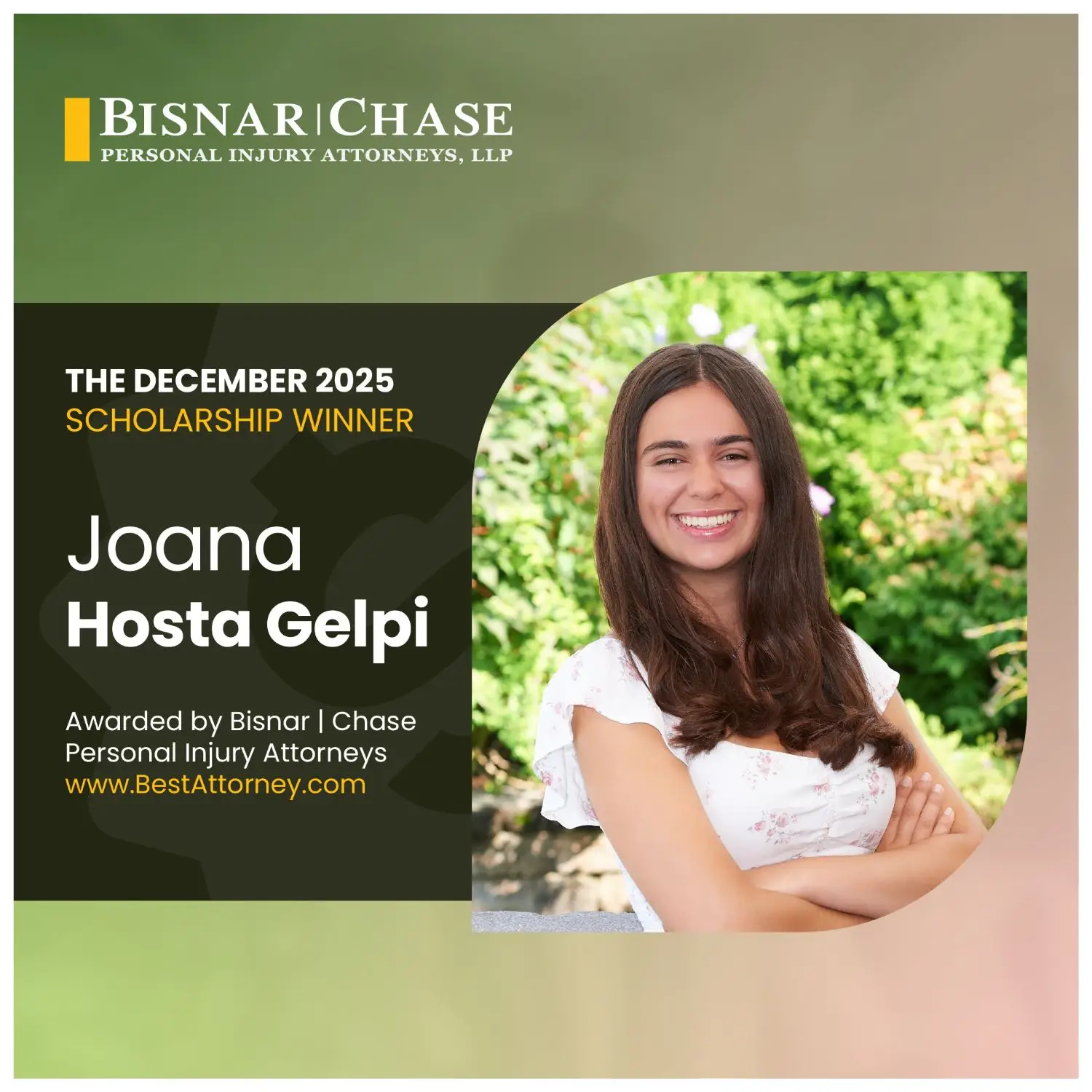 Joana Hosta Gelpi - Bisnar Chase scholarship winner for Dec. 2025