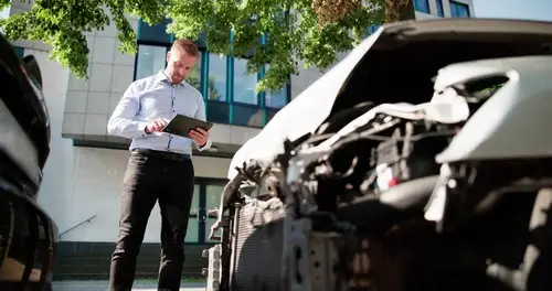 Man using tablet while inspecting damaged car front end outdoors