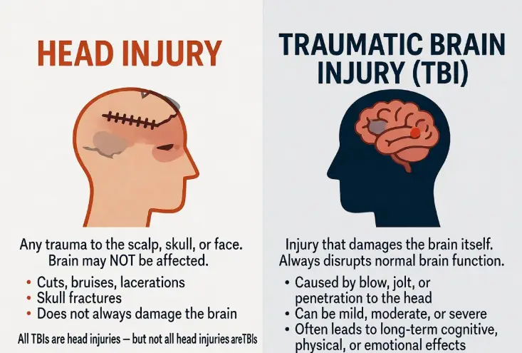 Difference between head injury and traumatic brain injury infographic