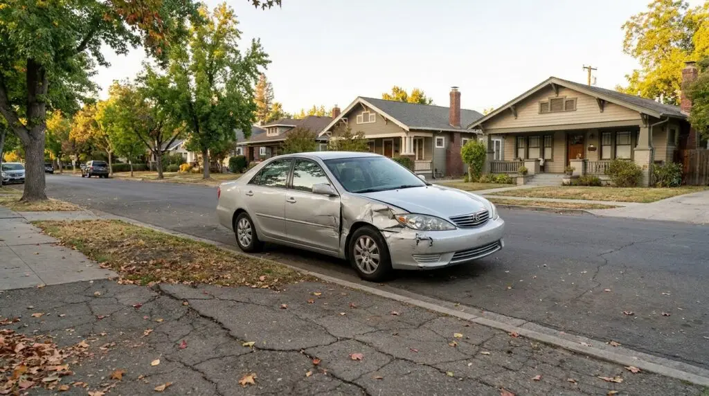 damaged sedan with crumpled front end parked on residential street after collision