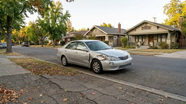 damaged sedan with crumpled front end parked on residential street after collision