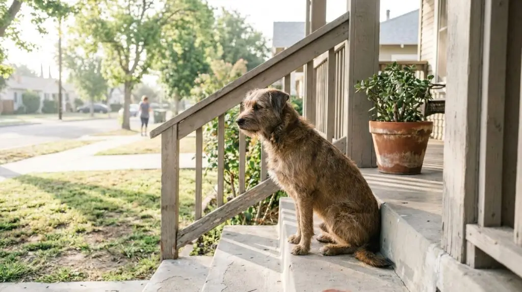 shaggy dog sitting on residential front porch steps near potted plant