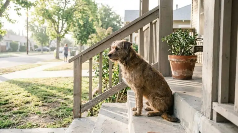 shaggy dog sitting on residential front porch steps near potted plant
