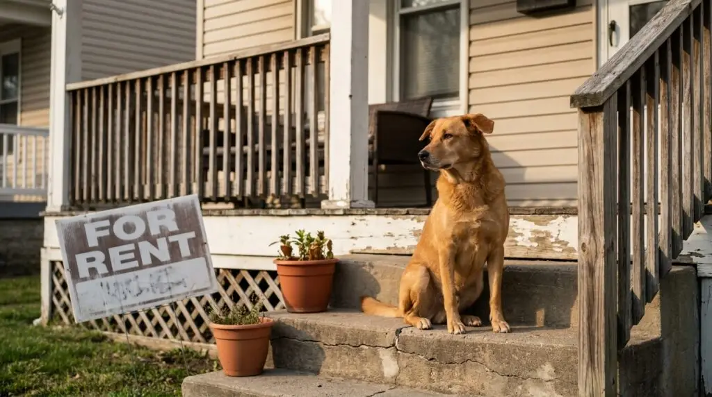 dog sitting on front porch steps beside For Rent sign at residential property