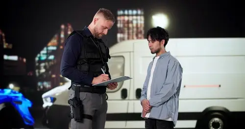 police officer writing on clipboard while speaking with driver near van at night