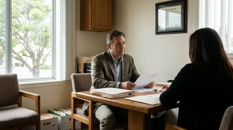 attorney holding documents meeting client across desk with California State Bar certificate on wall