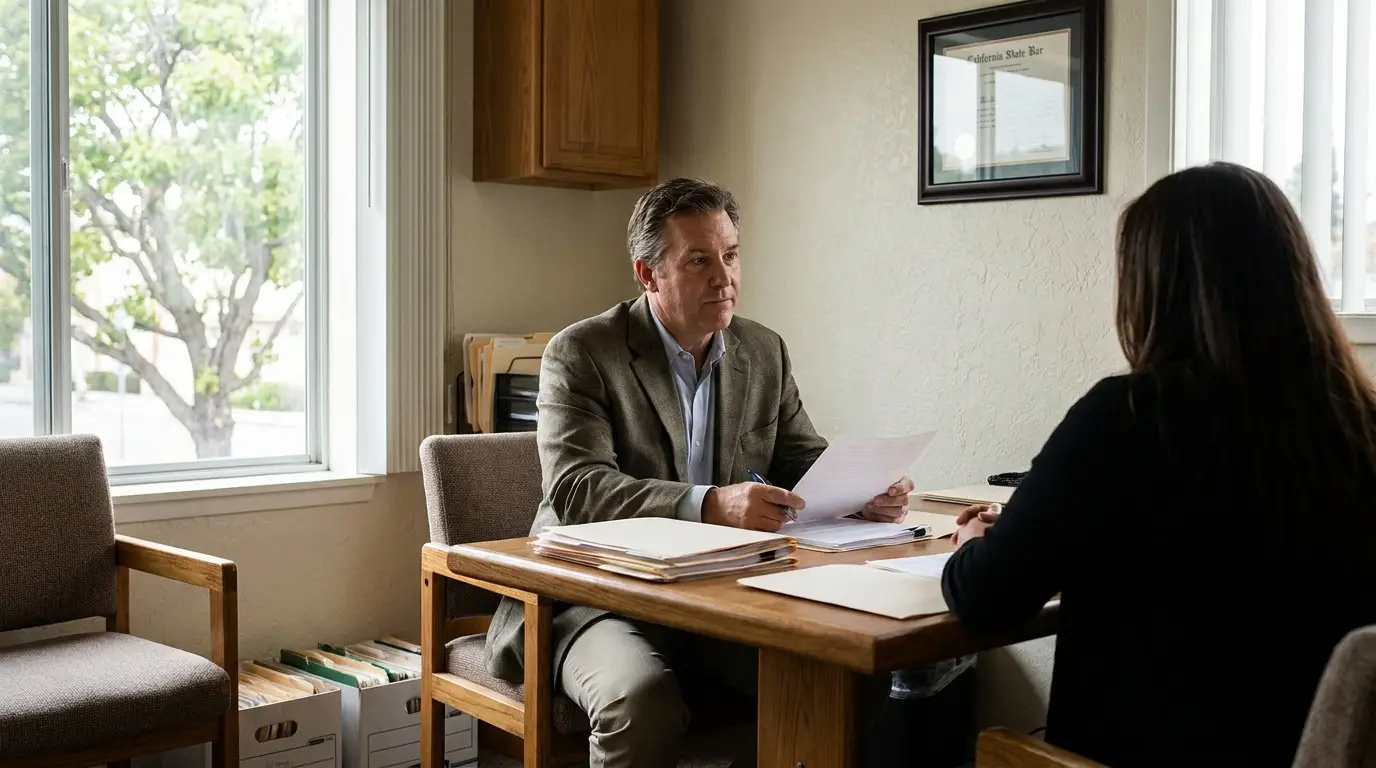 attorney holding documents meeting client across desk with California State Bar certificate on wall