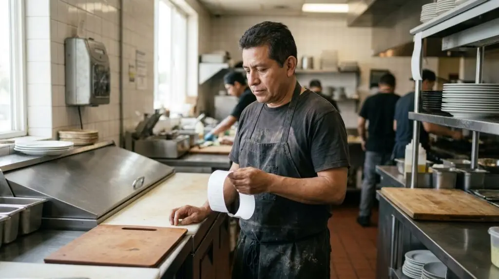 kitchen worker in apron reviewing printed document in busy commercial kitchen