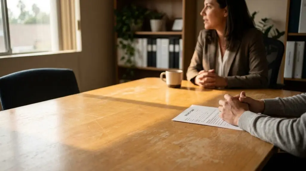 professional woman seated across desk with intake form and coffee mug