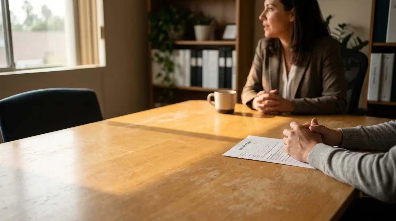 professional woman seated across desk with intake form and coffee mug