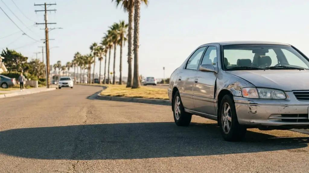 sedan with visible front-end collision damage parked on urban street near palm trees