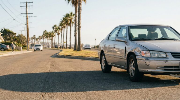 sedan with visible front-end collision damage parked on urban street near palm trees