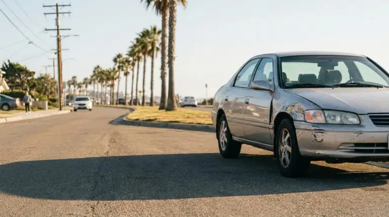sedan with visible front-end collision damage parked on urban street near palm trees