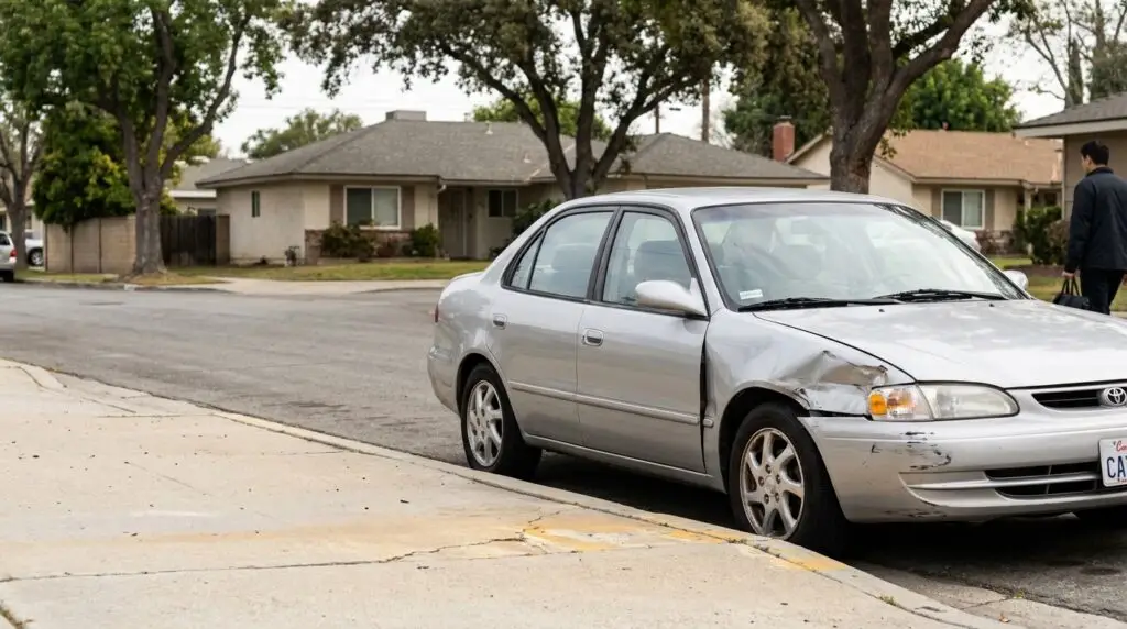 Toyota sedan with front-end collision damage parked on residential street