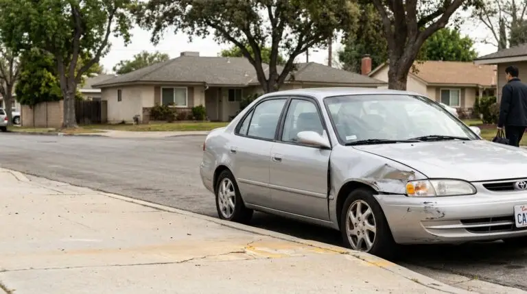 Toyota sedan with front-end collision damage parked on residential street