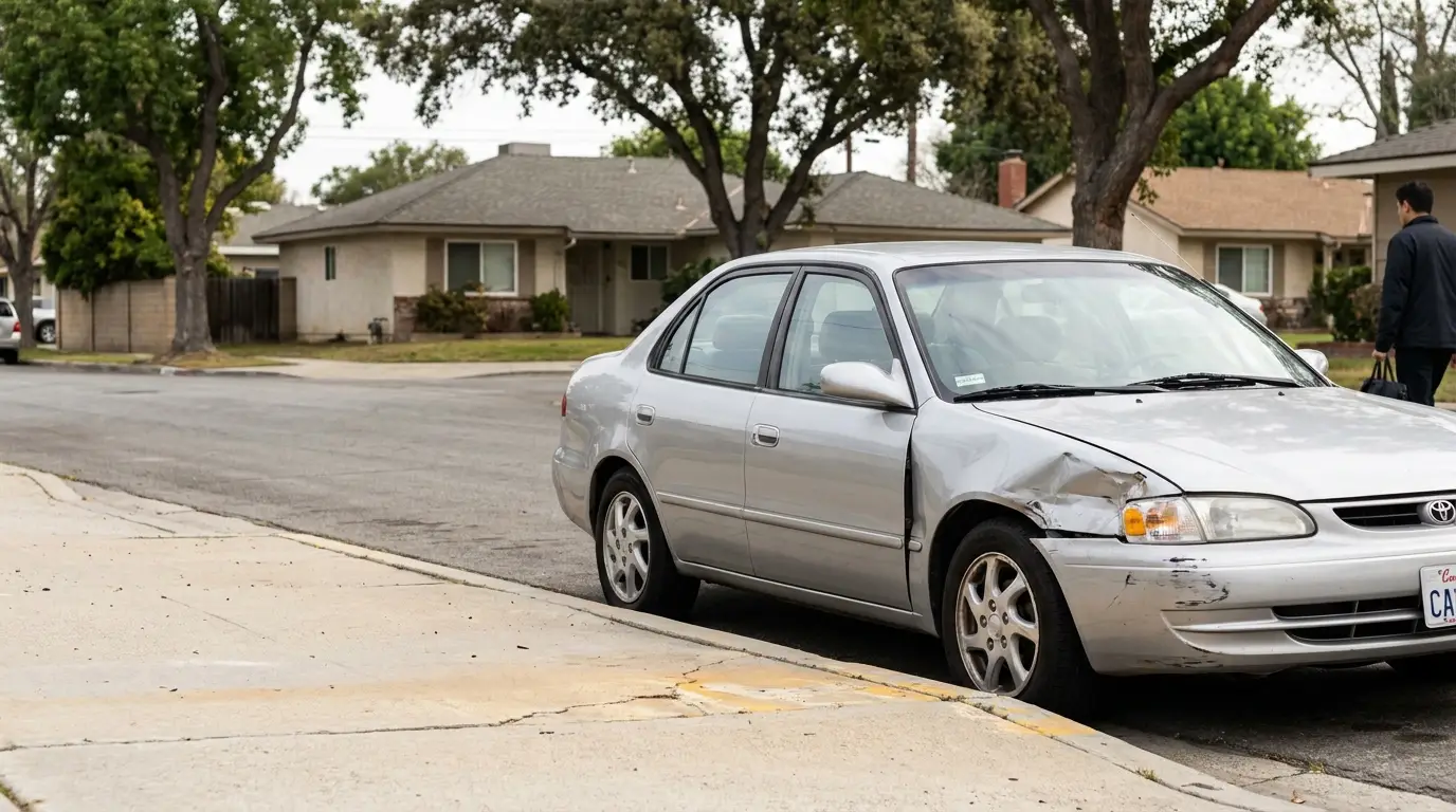 Toyota sedan with front-end collision damage parked on residential street