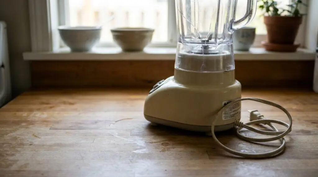 electric blender with power cord resting on wooden kitchen countertop