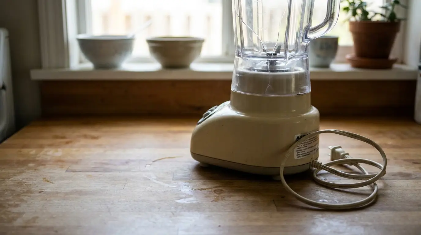 electric blender with power cord resting on wooden kitchen countertop