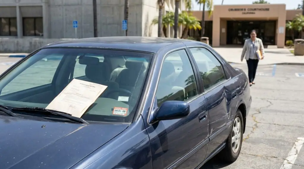 Superior Court of California document placed on car windshield outside courthouse