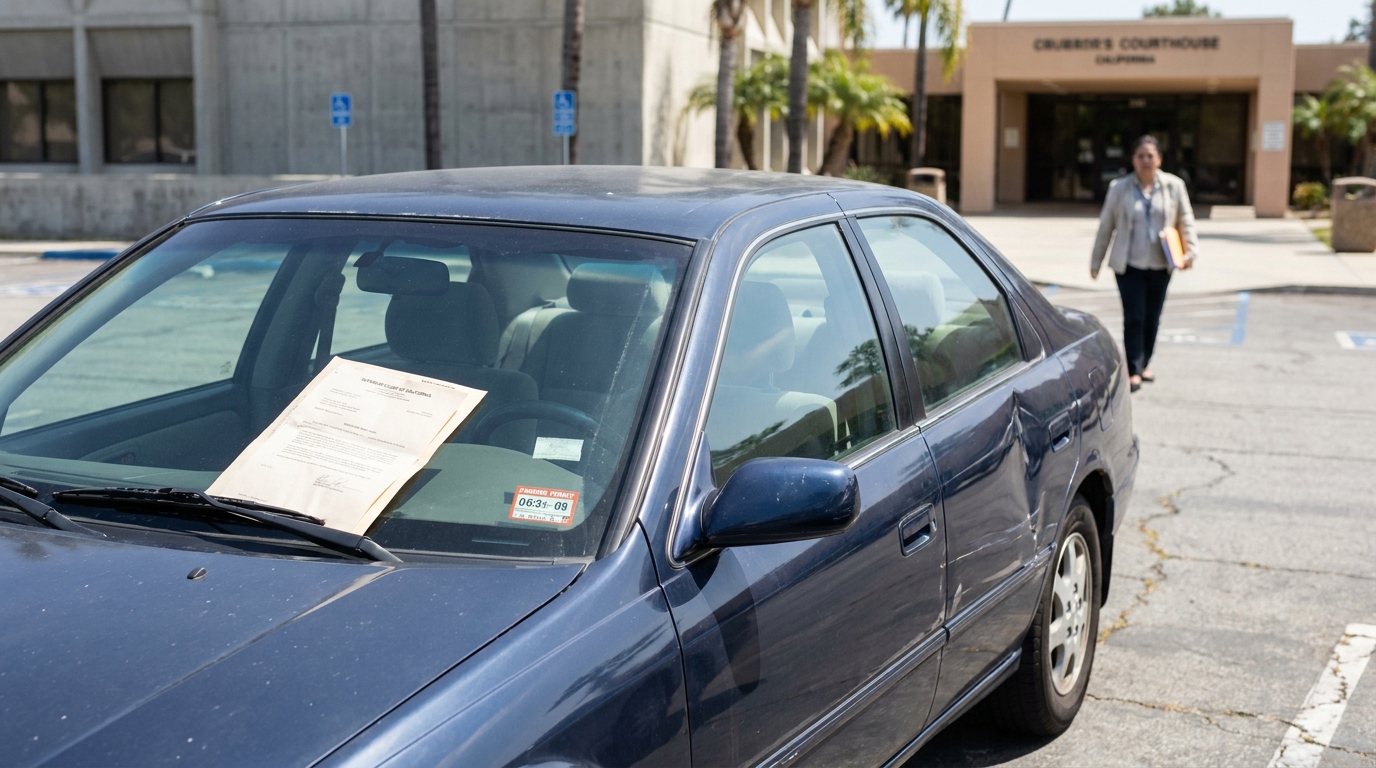 Superior Court of California document placed on car windshield outside courthouse