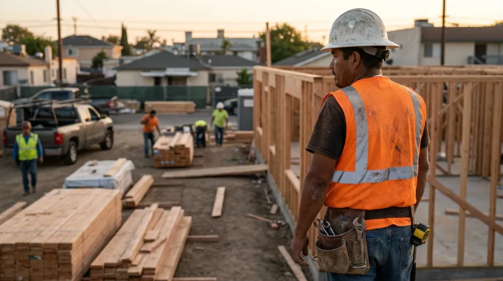 construction worker in hard hat and safety vest overseeing active job site with lumber