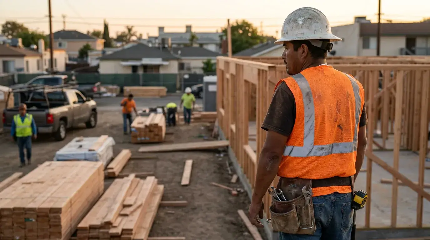 construction worker in hard hat and safety vest overseeing active job site with lumber