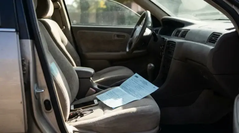 car interior with printed document, keys, and smartphone on passenger seat