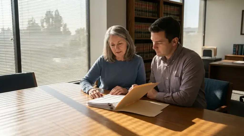 two people reviewing documents in open folder at law office conference table