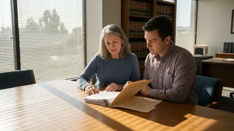 two people reviewing documents in open folder at law office conference table