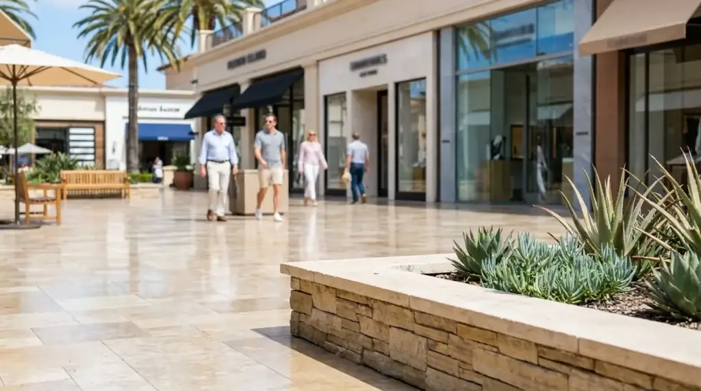 pedestrians walking through upscale open-air shopping center with stone planter and palm trees