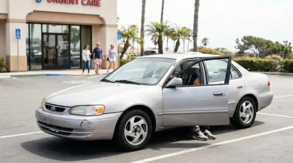 sedan with open door and damaged bumper parked outside Urgent Care facility