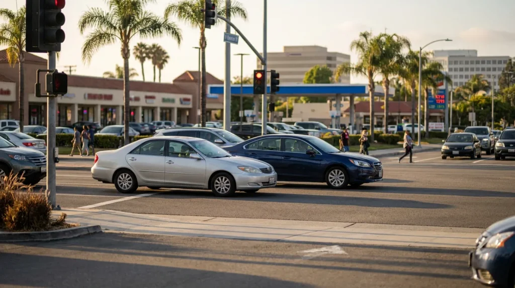 two sedans stopped at busy urban intersection with traffic signal and pedestrians