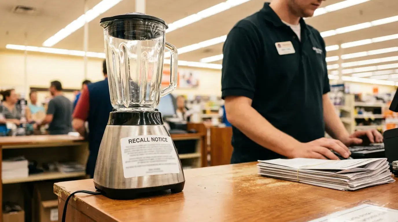 blender with Recall Notice label on retail store service counter