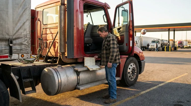 truck driver reviewing logbook documents beside open semi-truck cab at truck stop