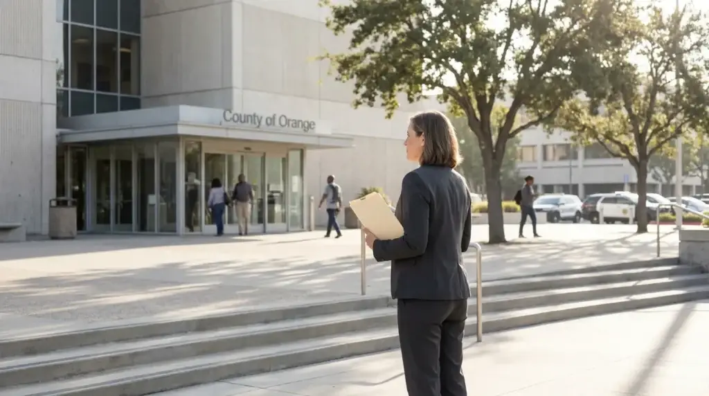 female attorney holding folder standing outside County of Orange courthouse