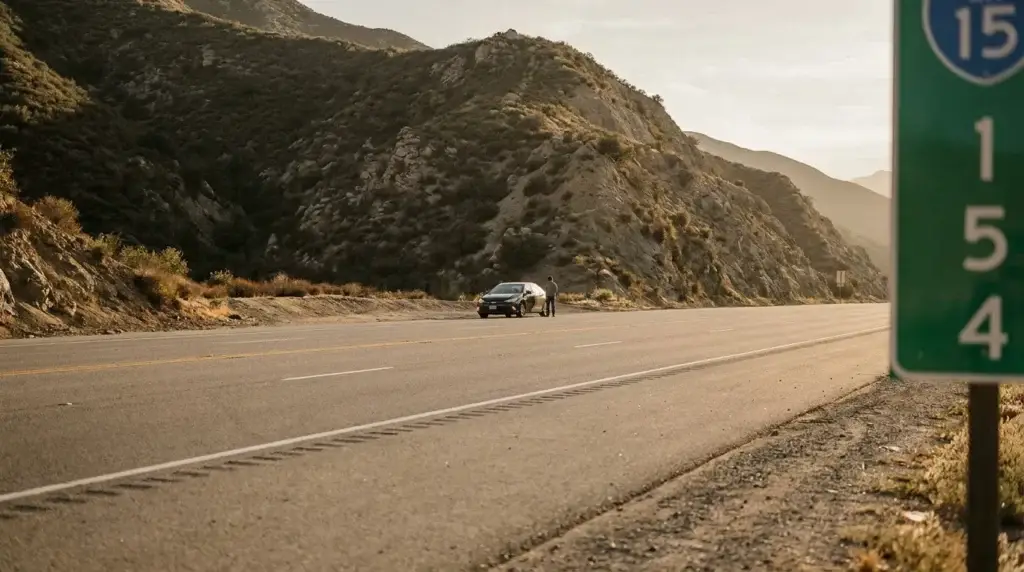 person standing beside stopped car on highway 15 near mountain terrain
