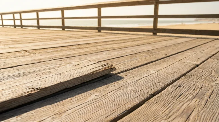splintered raised wooden plank on weathered boardwalk near beach railing