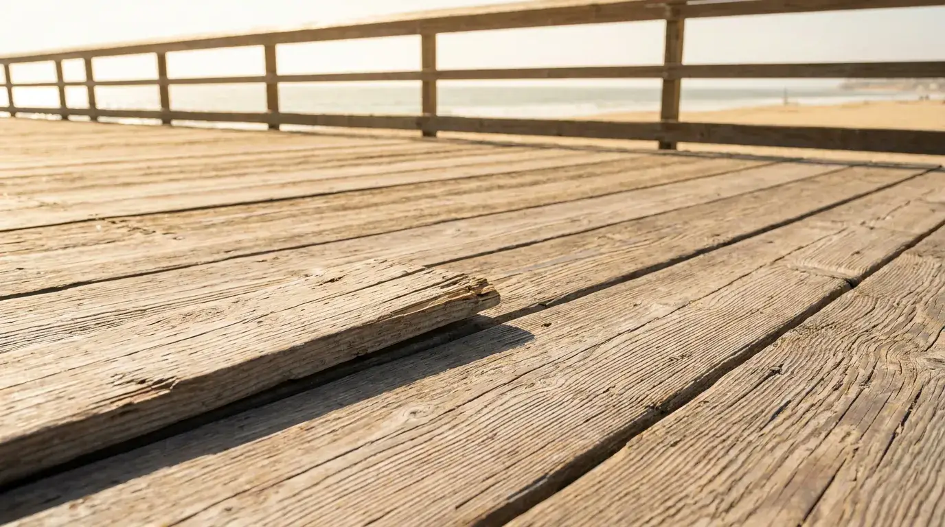 splintered raised wooden plank on weathered boardwalk near beach railing