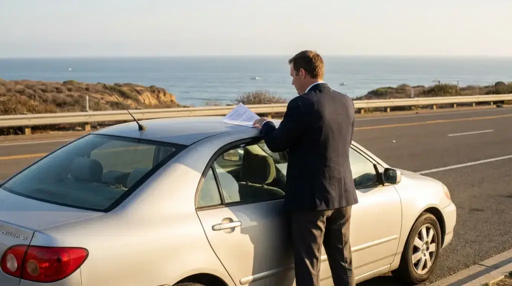 suited man reviewing documents on sedan roof beside coastal highway